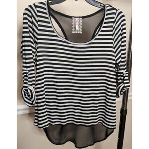Mauve Striped 3/4‎ Sleeve Top Black White High Low Sheer Back Casual Blouse
